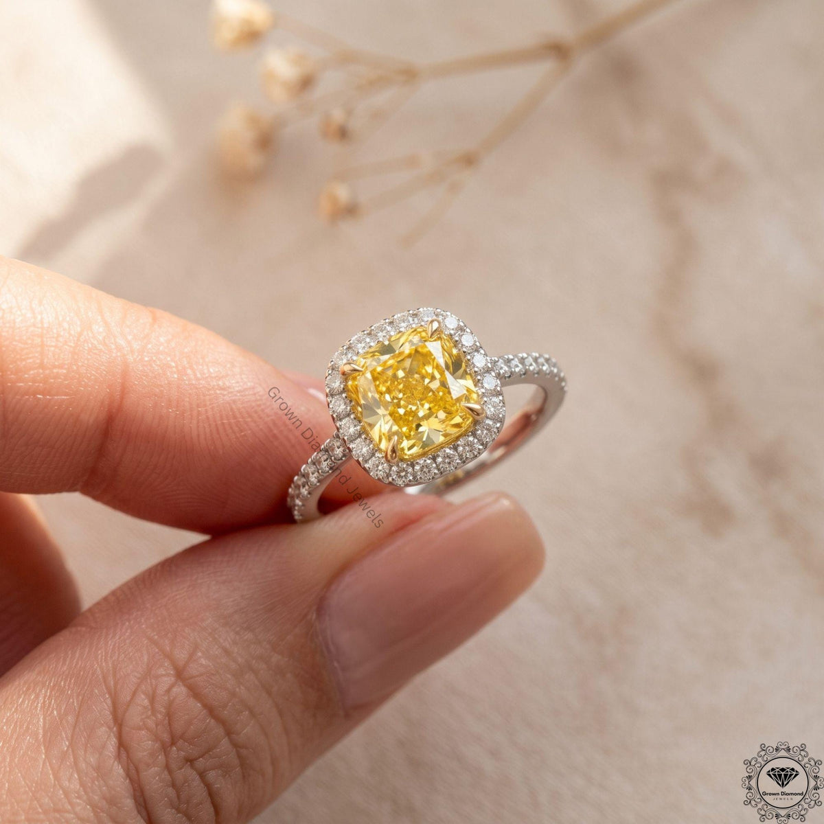 Cushion Fancy Yellow Lab Grown Diamond Two Tone Halo Ring