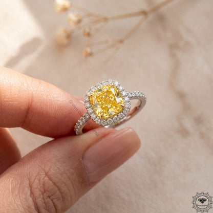 Cushion Fancy Yellow Lab Grown Diamond Two Tone Halo Ring