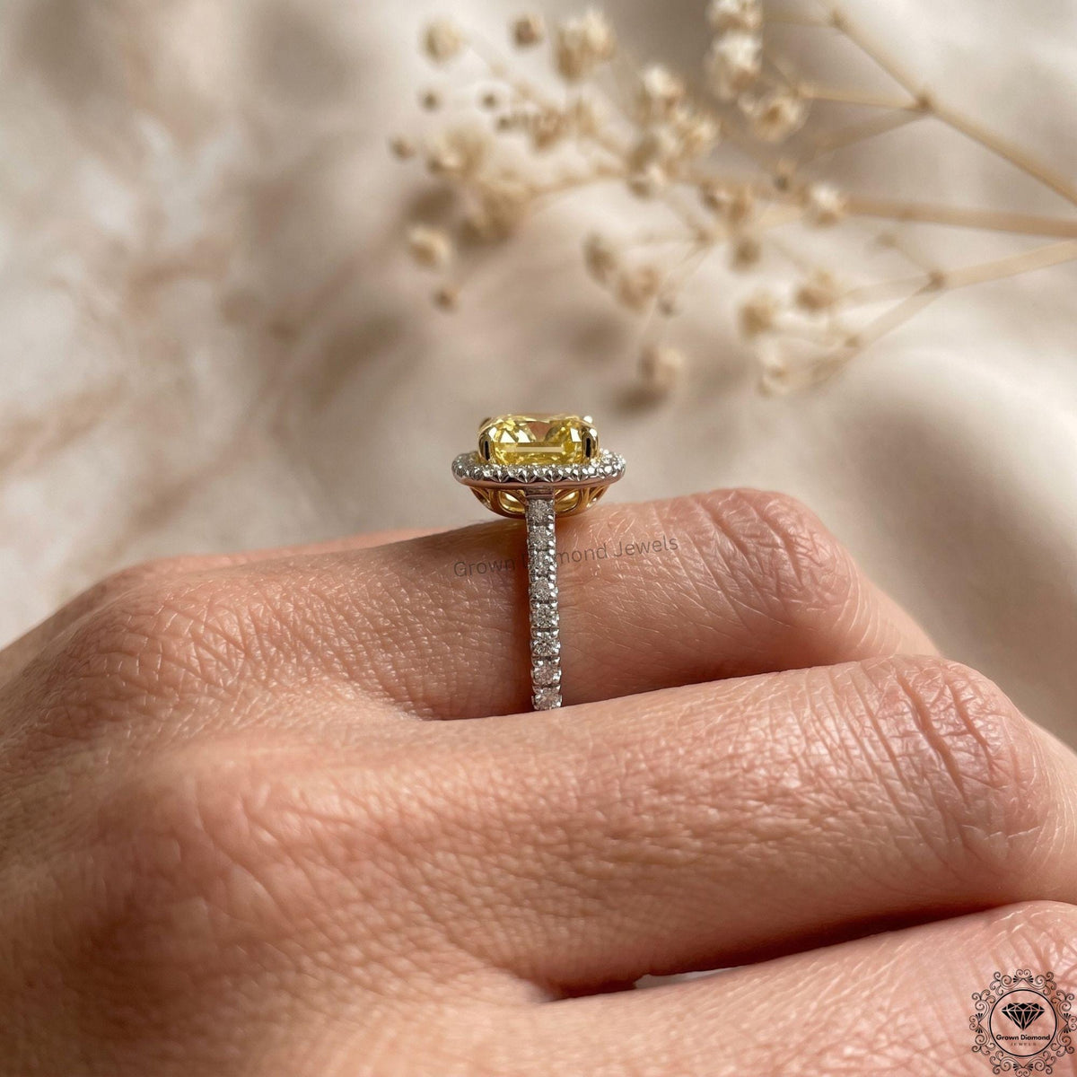 Cushion Fancy Yellow Lab Grown Diamond Two Tone Halo Ring