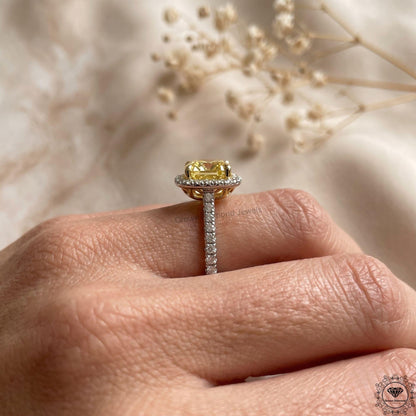 Cushion Fancy Yellow Lab Grown Diamond Two Tone Halo Ring