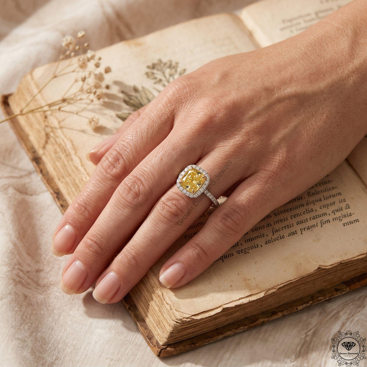 Cushion Fancy Yellow Lab Grown Diamond Two Tone Halo Ring
