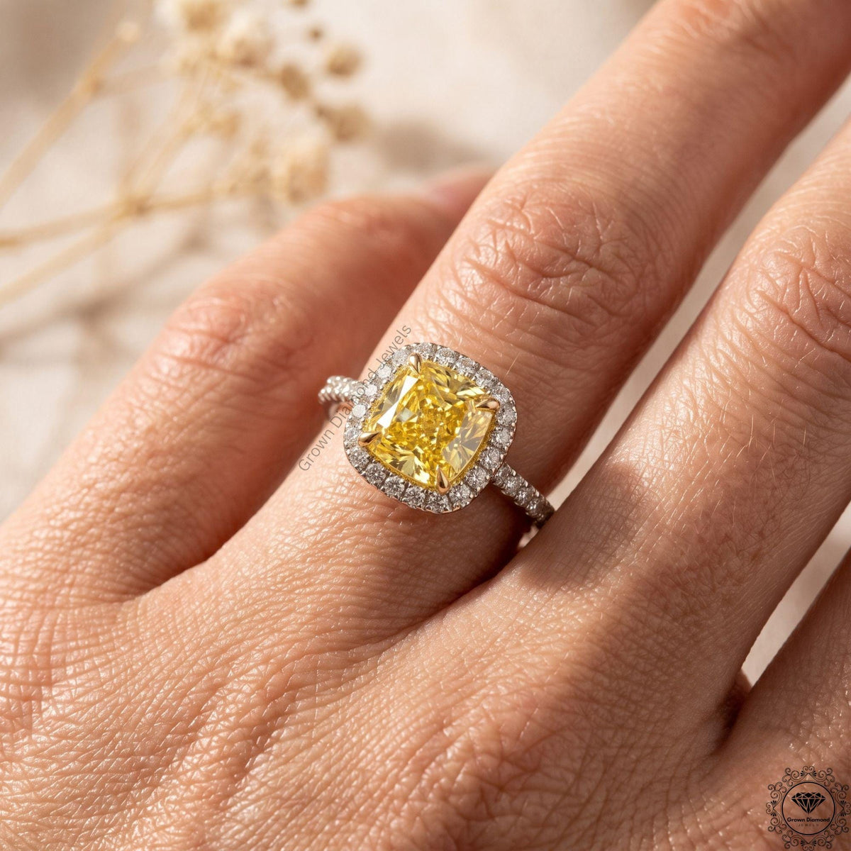 Cushion Fancy Yellow Lab Grown Diamond Two Tone Halo Ring