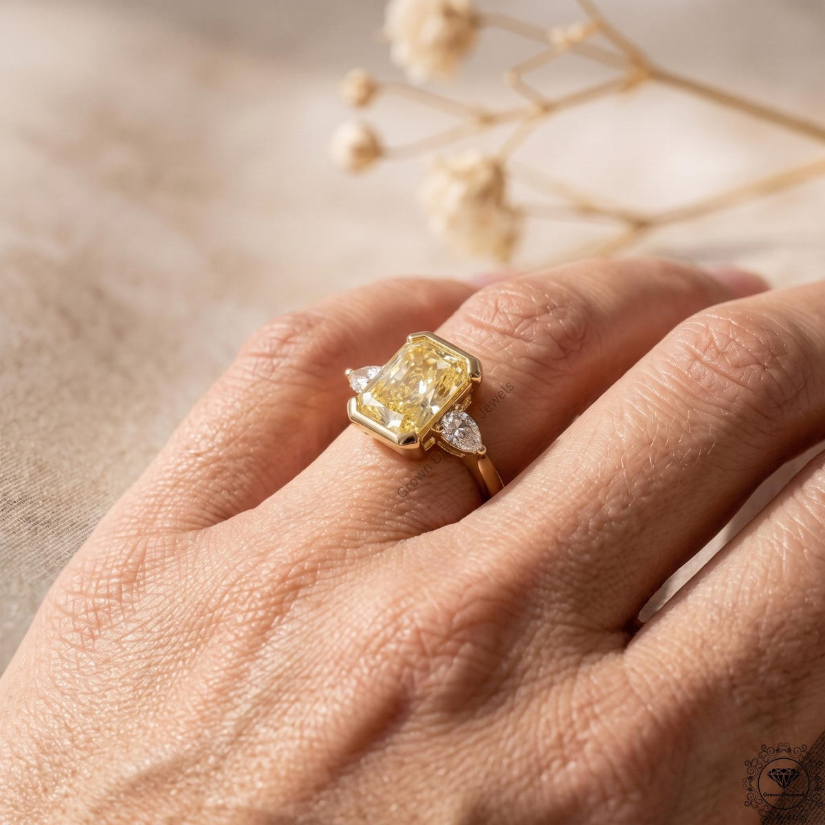 2.5ct Vivid Yellow Radiant Cut Lab Grown Diamond 3-Stone Ring