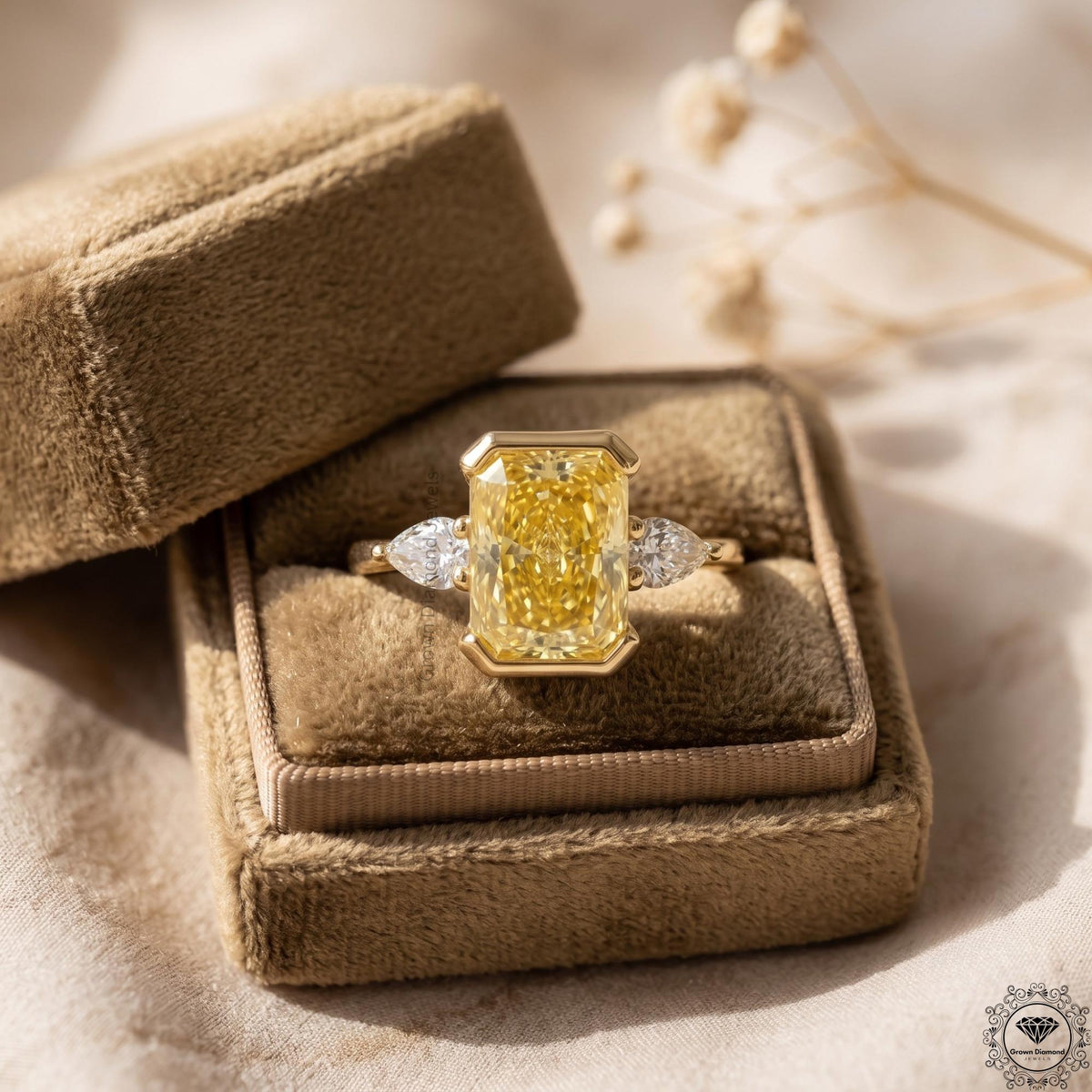 2.5ct Vivid Yellow Radiant Cut Lab Grown Diamond 3-Stone Ring