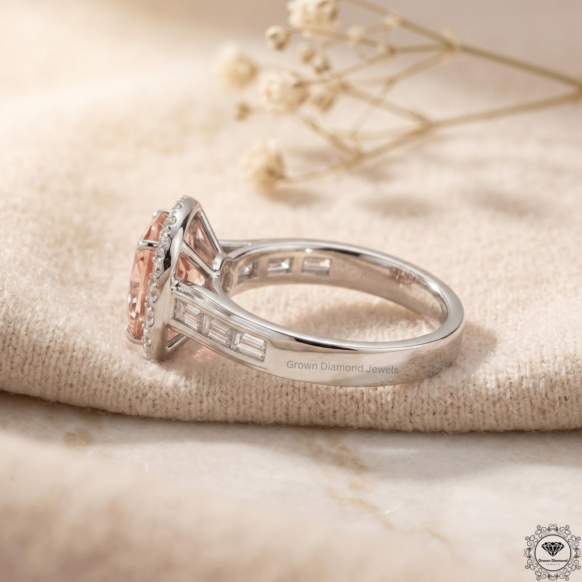 3 Ct Pink Cushion Lab Grown Diamond Halo Engagement Ring
