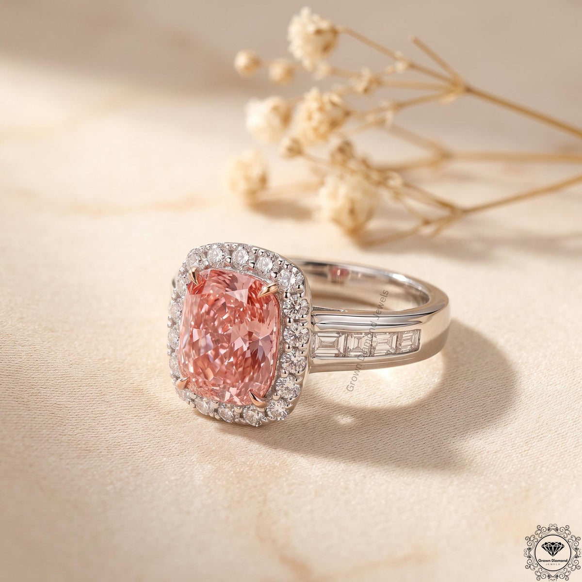 3 Ct Pink Cushion Lab Grown Diamond Halo Engagement Ring