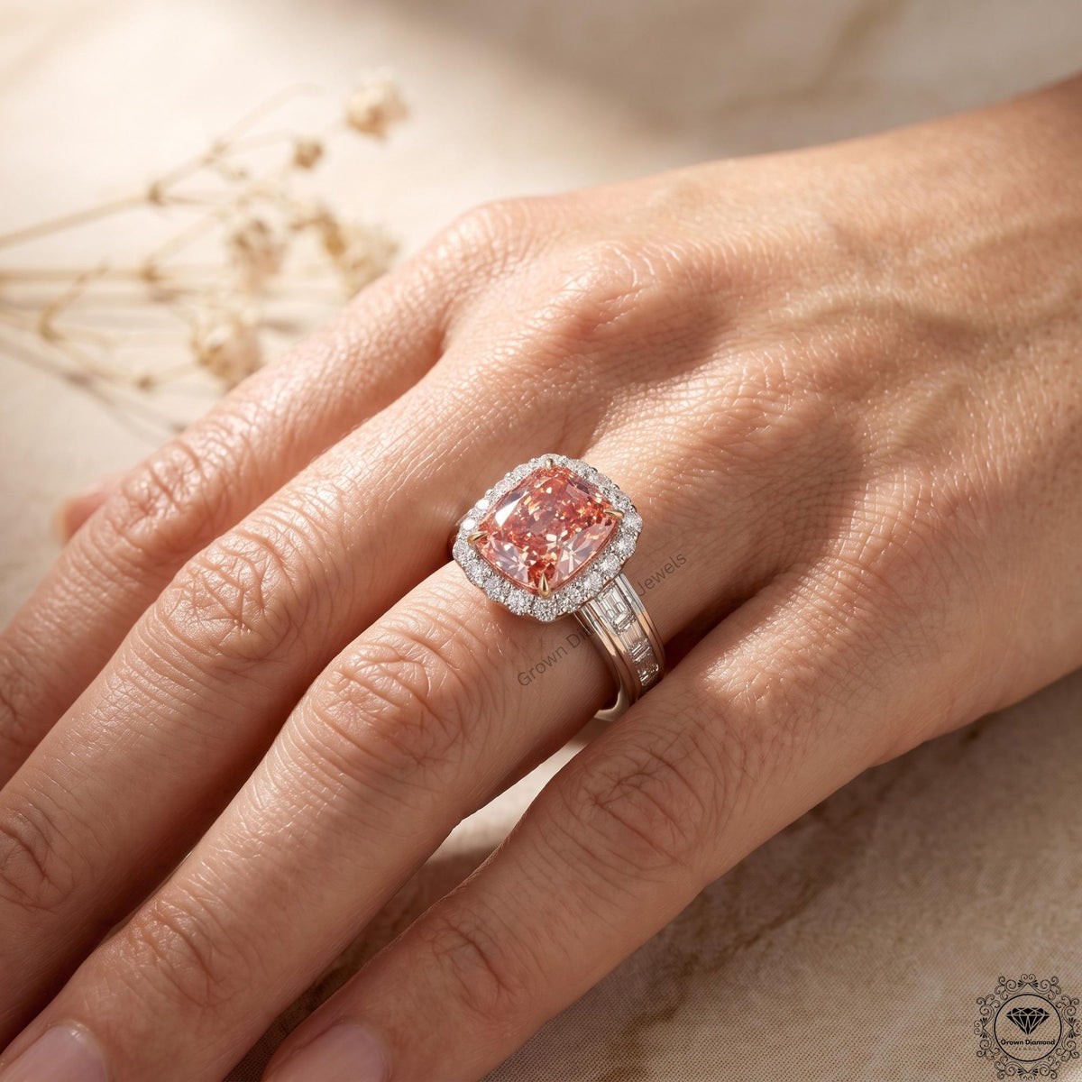 3 Ct Pink Cushion Lab Grown Diamond Halo Engagement Ring