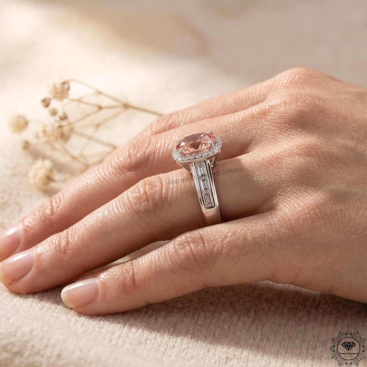 3 Ct Pink Cushion Lab Grown Diamond Halo Engagement Ring