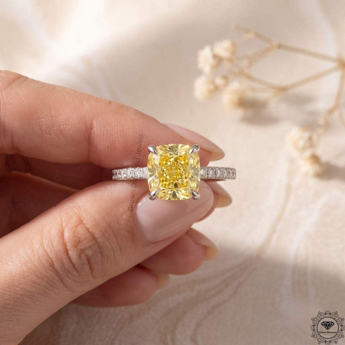 Cushion Yellow Lab Diamond Hidden Halo Engagement Ring 14k