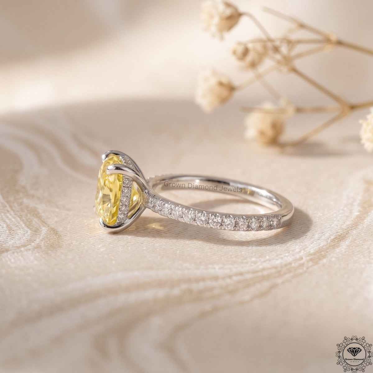 Cushion Yellow Lab Diamond Hidden Halo Engagement Ring 14k