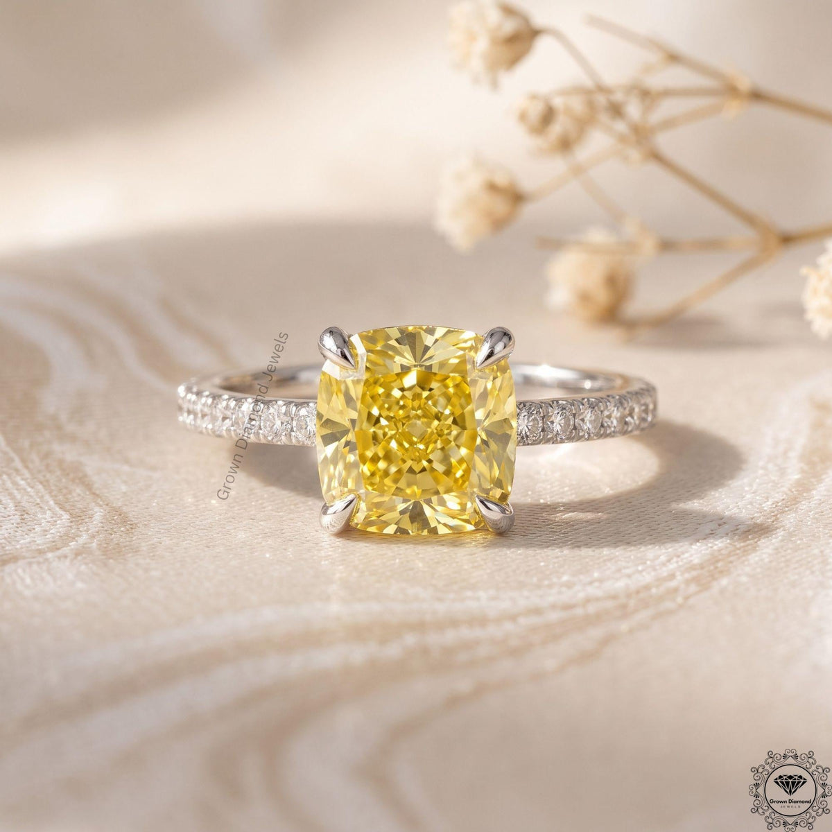 Cushion Yellow Lab Diamond Hidden Halo Engagement Ring 14k