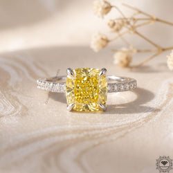 Cushion Yellow Lab Diamond Hidden Halo Engagement Ring 14k