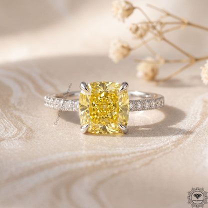 Cushion Yellow Lab Diamond Hidden Halo Engagement Ring 14k