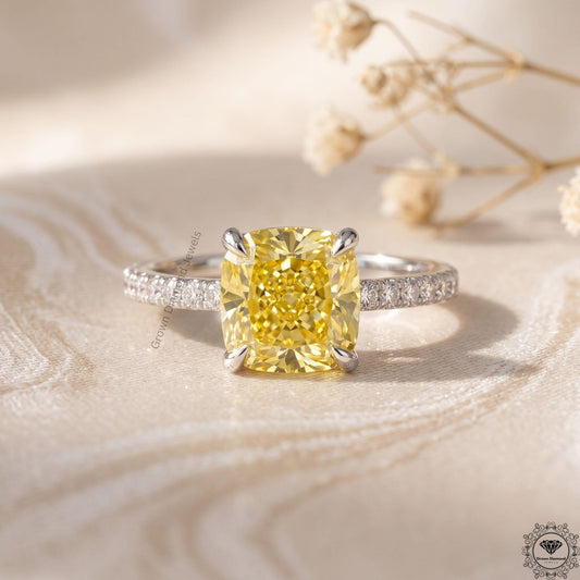 Cushion Yellow Lab Diamond Hidden Halo Engagement Ring 14k