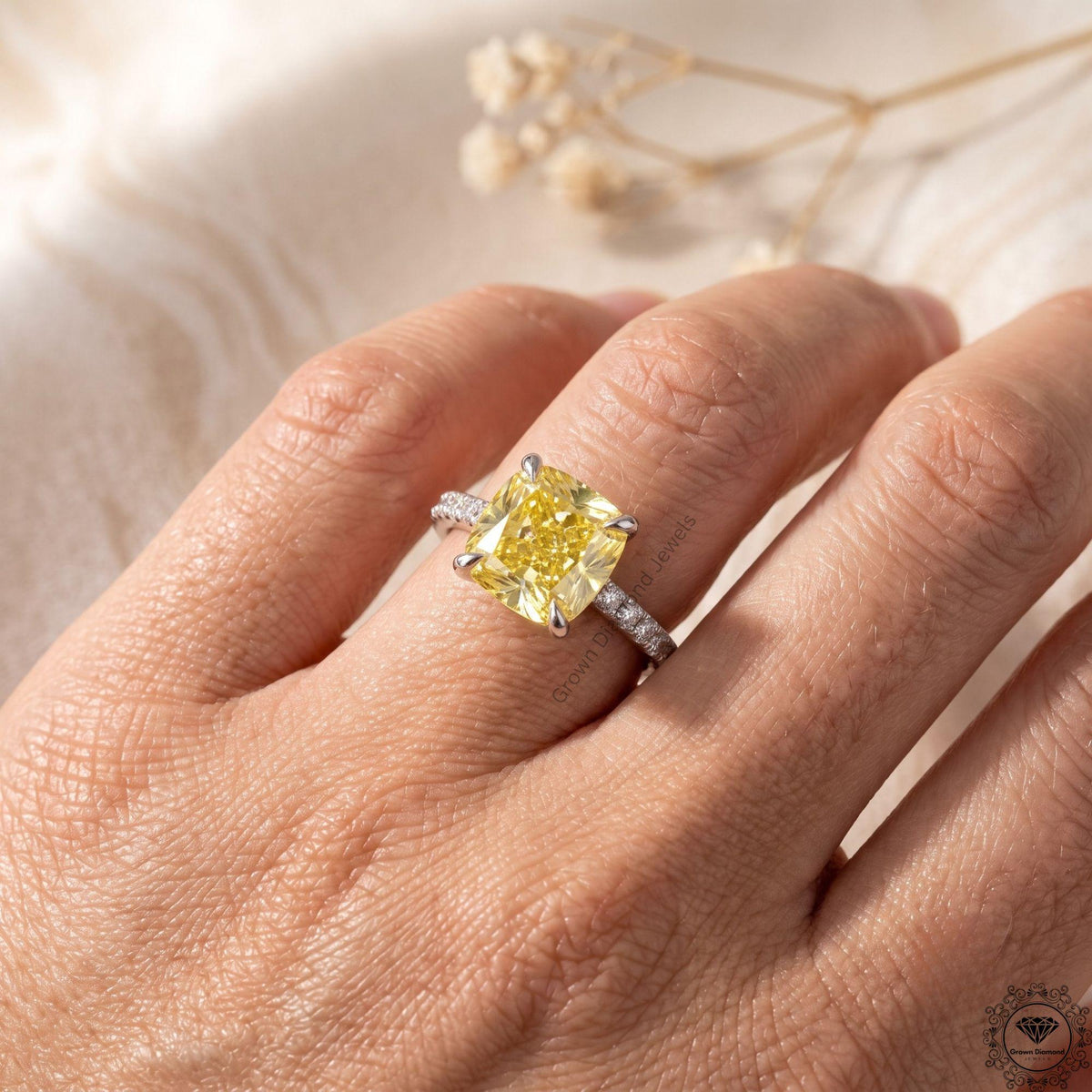 Cushion Yellow Lab Diamond Hidden Halo Engagement Ring 14k