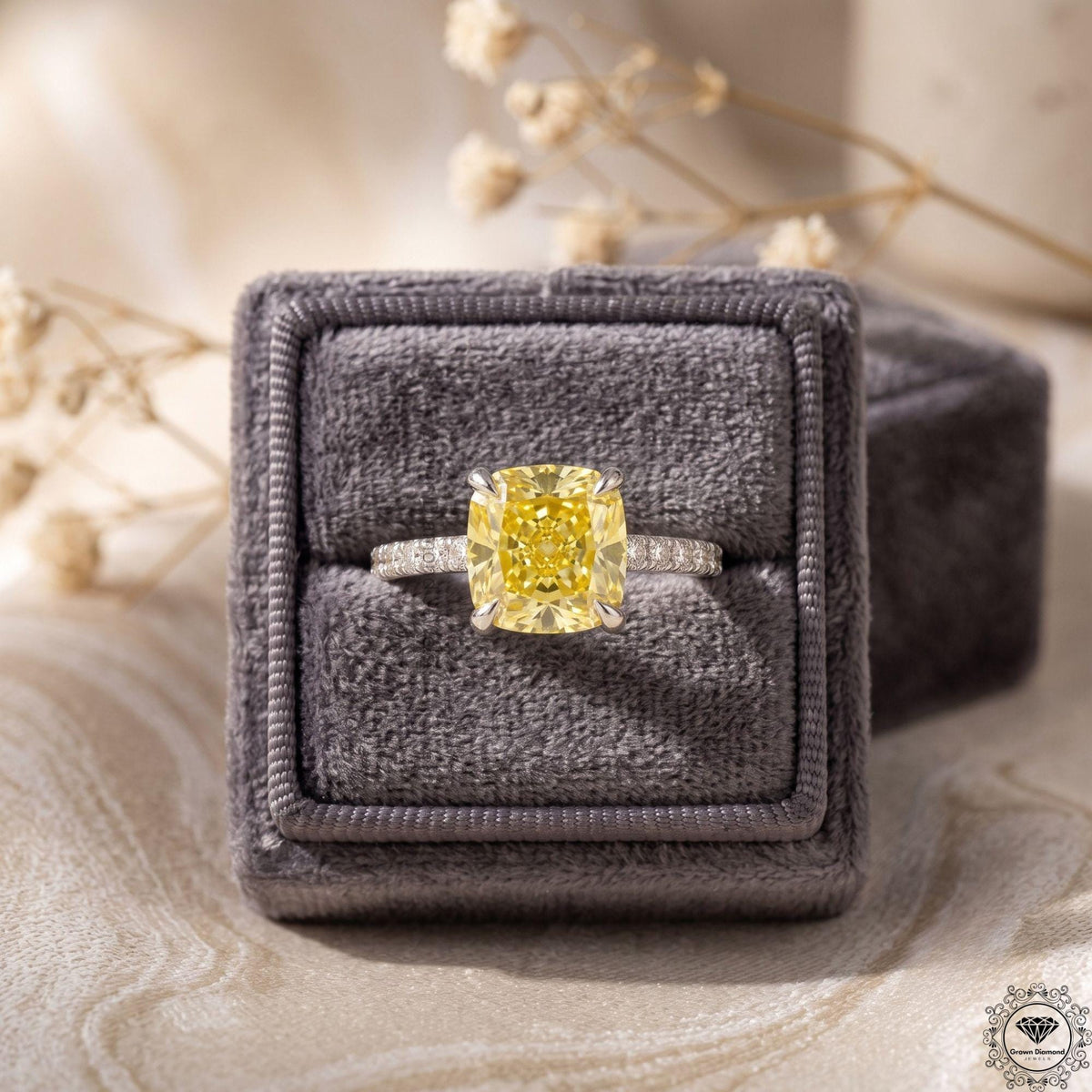 Cushion Yellow Lab Diamond Hidden Halo Engagement Ring 14k