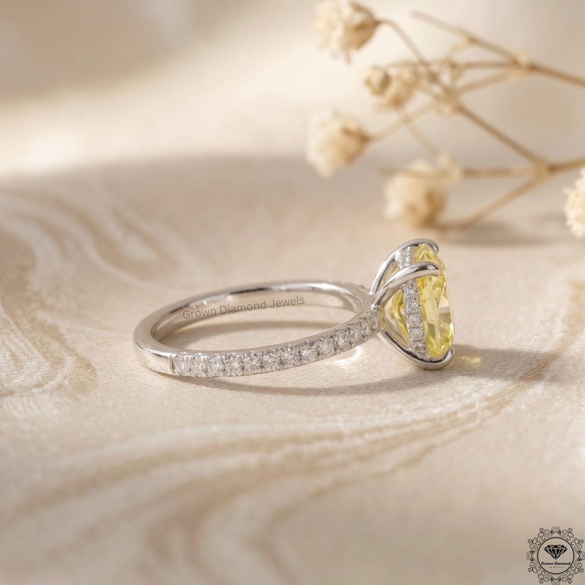Cushion Yellow Lab Diamond Hidden Halo Engagement Ring 14k