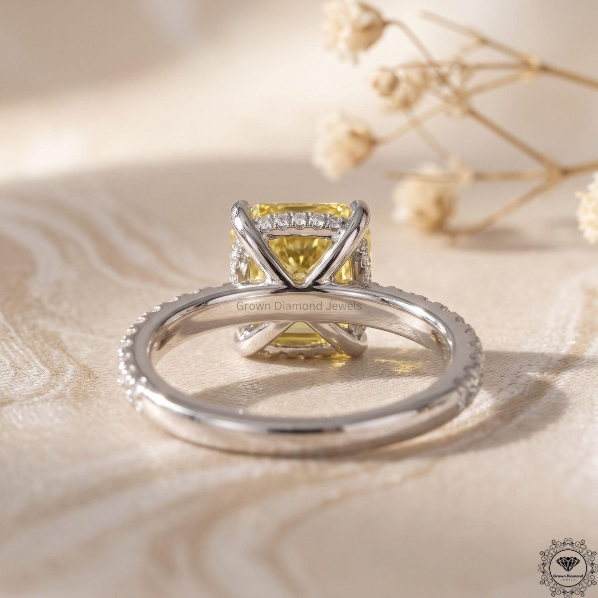 Cushion Yellow Lab Diamond Hidden Halo Engagement Ring 14k