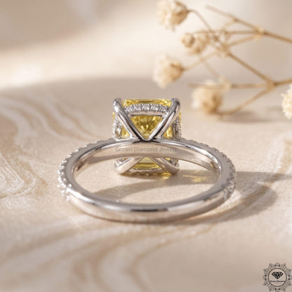 Cushion Yellow Lab Diamond Hidden Halo Engagement Ring 14k