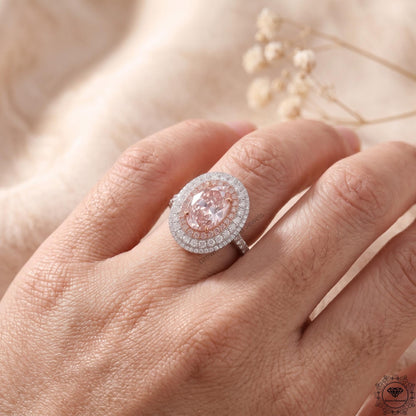 Pink Lab Grown Diamond Oval Engagement Ring Hidden Halo