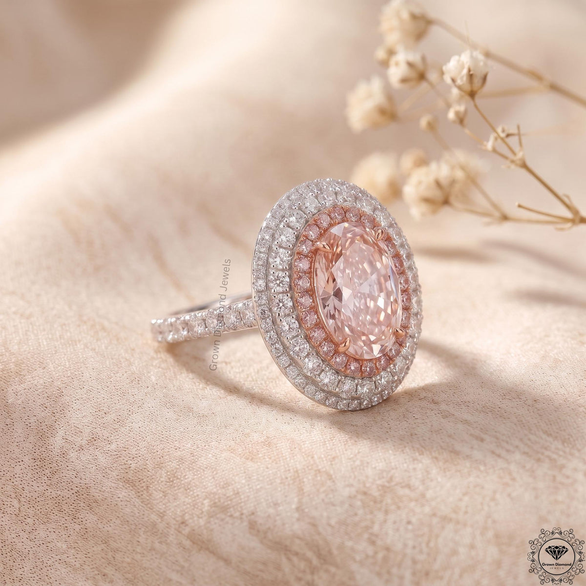 Pink Lab Grown Diamond Oval Engagement Ring Hidden Halo