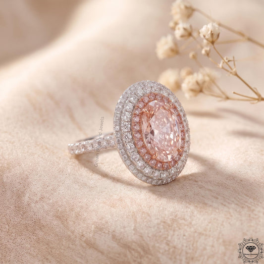 Pink Lab Grown Diamond Oval Engagement Ring Hidden Halo