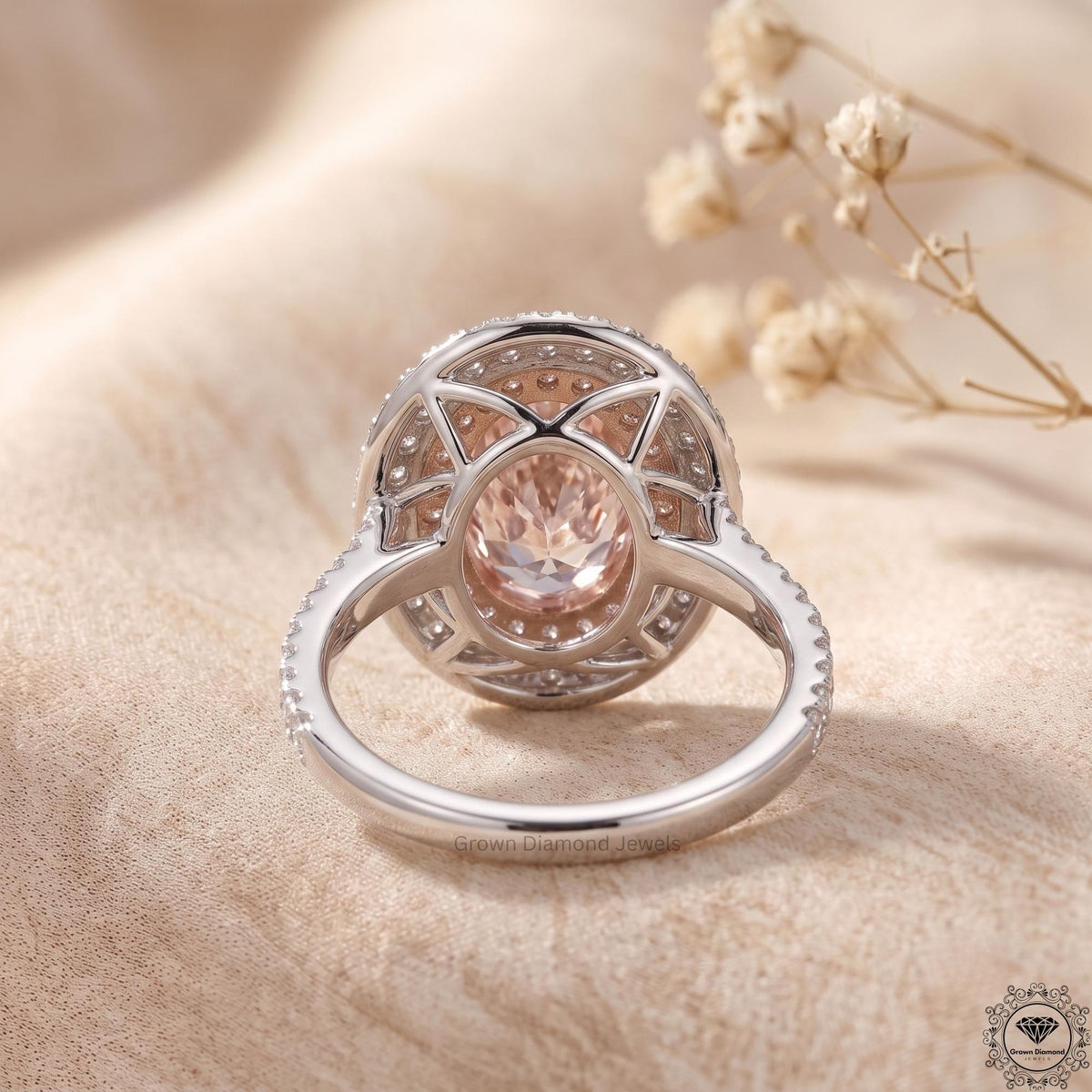 Pink Lab Grown Diamond Oval Engagement Ring Hidden Halo