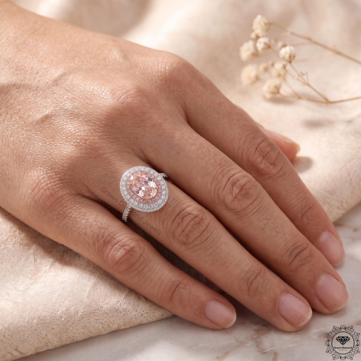 Pink Lab Grown Diamond Oval Engagement Ring Hidden Halo