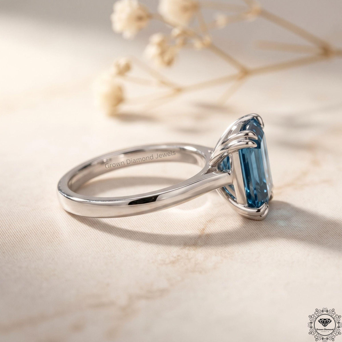 4 Carat Blue Diamond Emerald Cut Solitaire Ring 14k White Gold