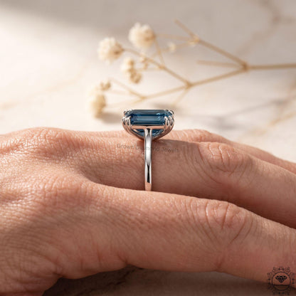4 Carat Blue Diamond Emerald Cut Solitaire Ring 14k White Gold