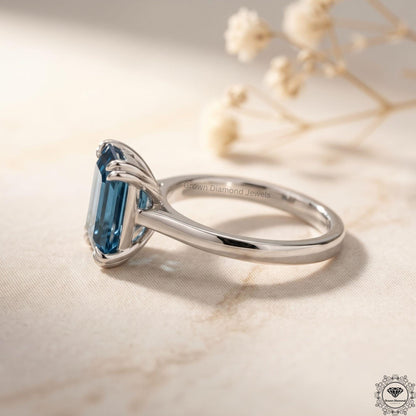 4 Carat Blue Diamond Emerald Cut Solitaire Ring 14k White Gold