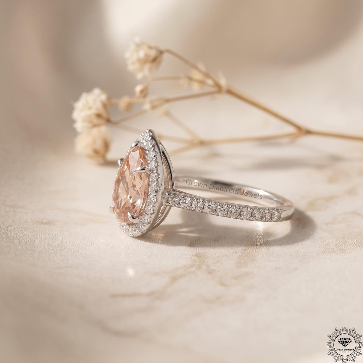 Pear Pink Lab Grown Diamond Halo Engagement Ring Gift Her