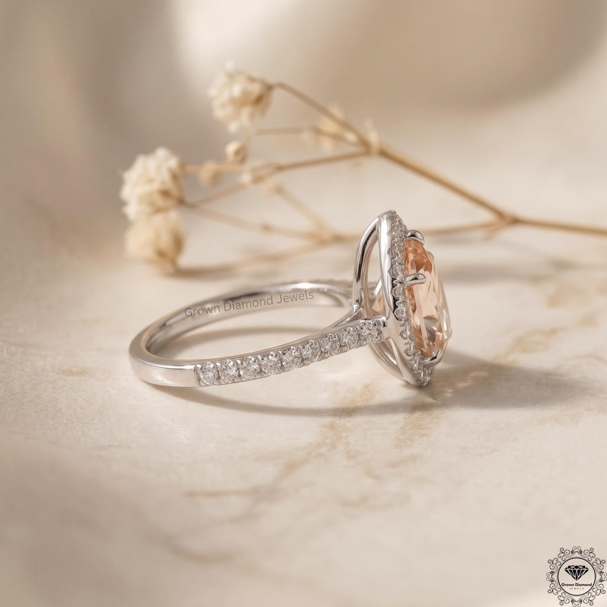 Pear Pink Lab Grown Diamond Halo Engagement Ring Gift Her