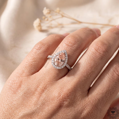 Pear Pink Lab Grown Diamond Halo Engagement Ring Gift Her