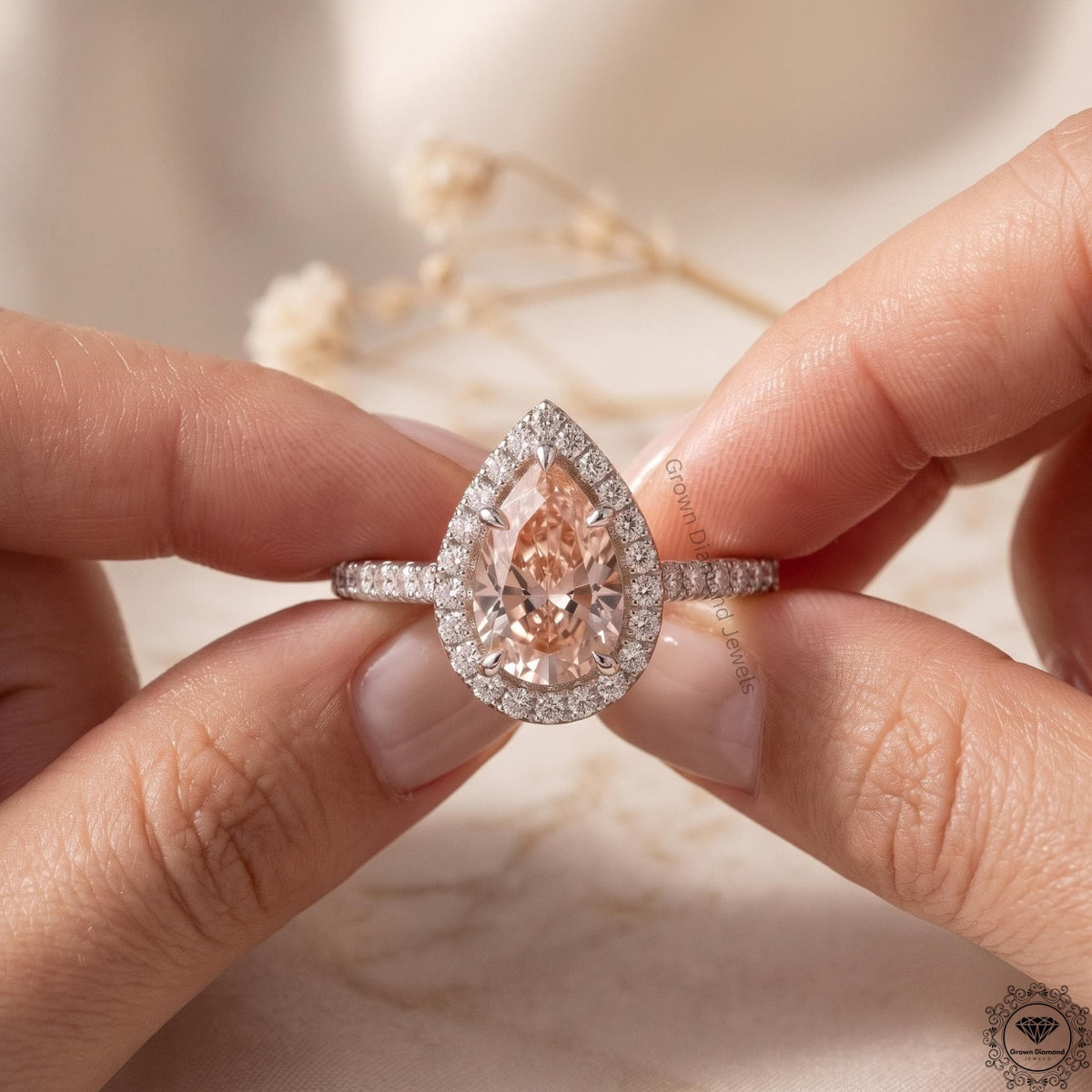 Pear Pink Lab Grown Diamond Halo Engagement Ring Gift Her