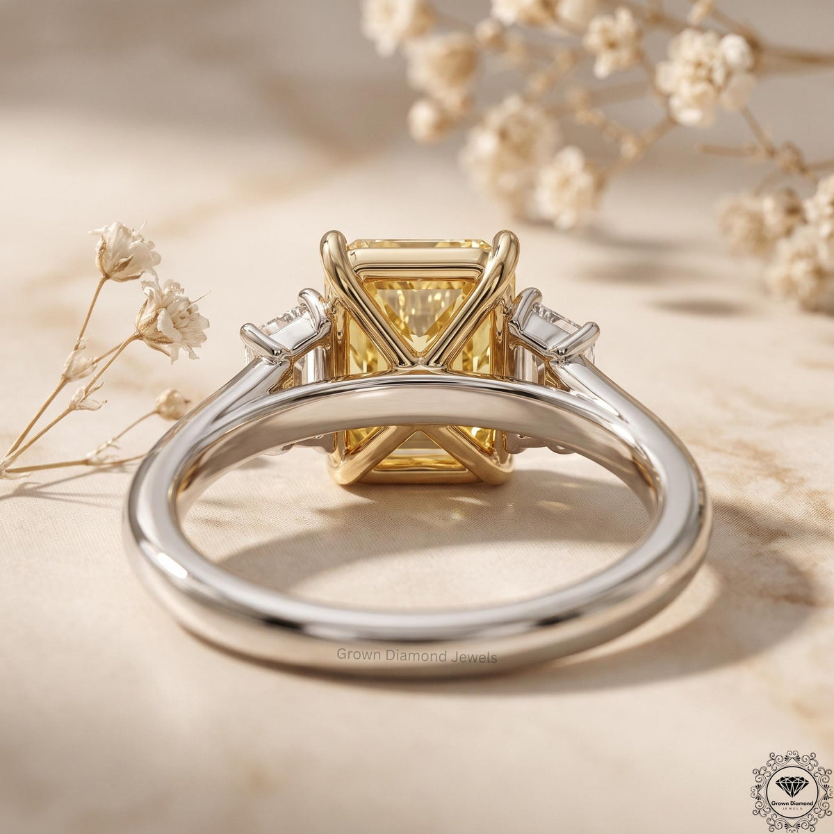 3ct Yellow Radiant Lab Grown Diamond Three Stone Engagement Ring
