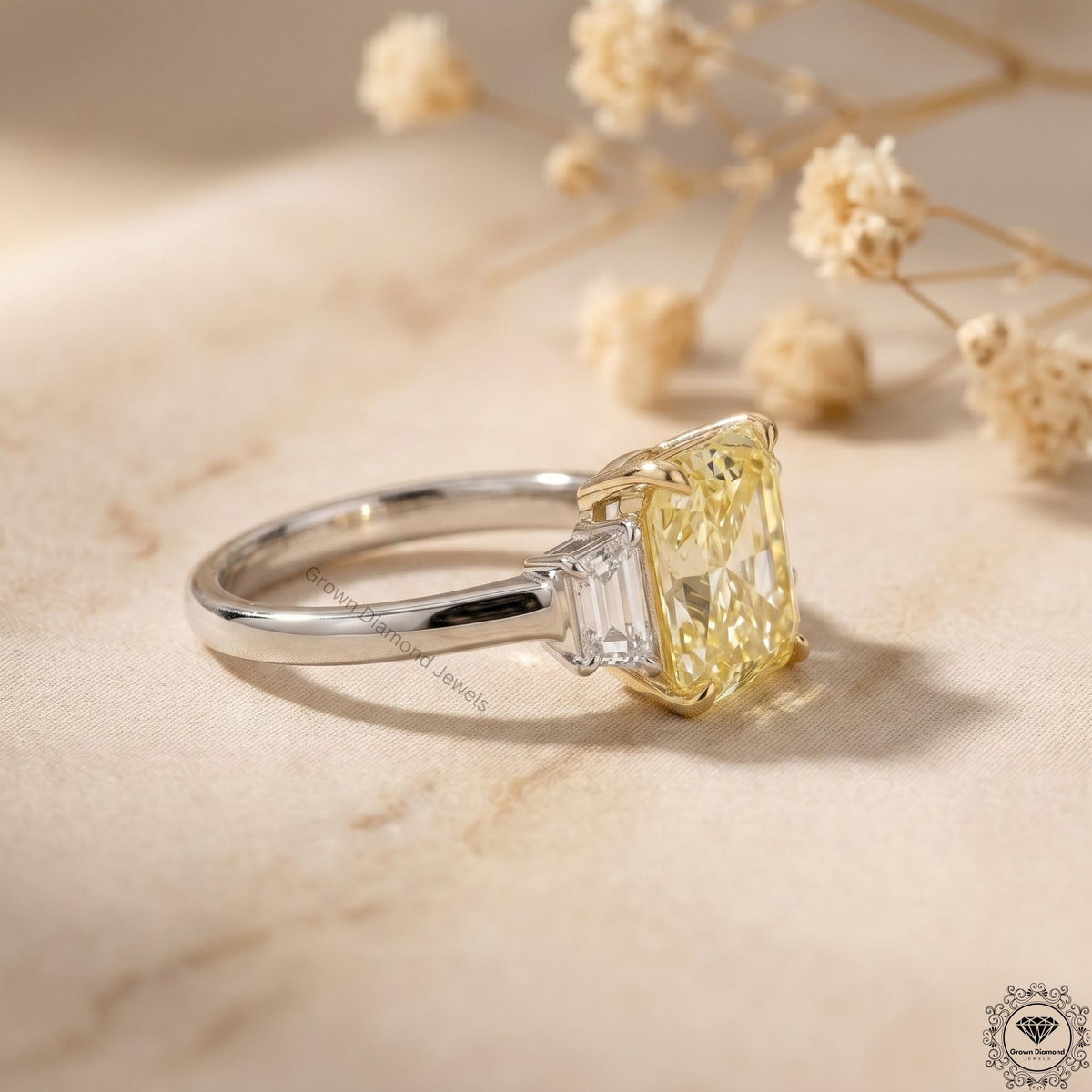 3ct Yellow Radiant Lab Grown Diamond Three Stone Engagement Ring