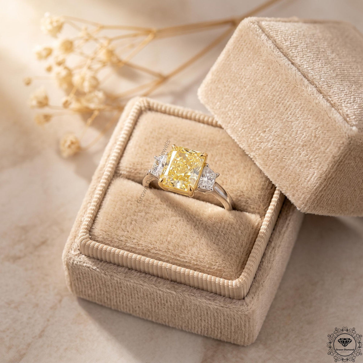 3ct Yellow Radiant Lab Grown Diamond Three Stone Engagement Ring
