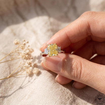 3ct Yellow Radiant Lab Grown Diamond Three Stone Engagement Ring