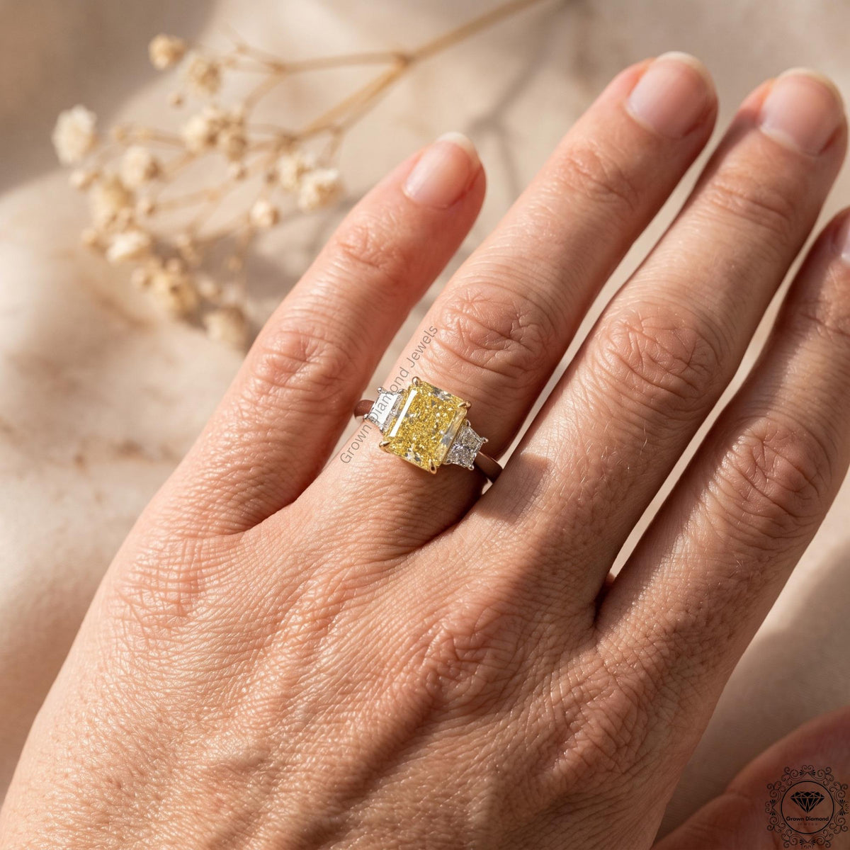 3ct Yellow Radiant Lab Grown Diamond Three Stone Engagement Ring