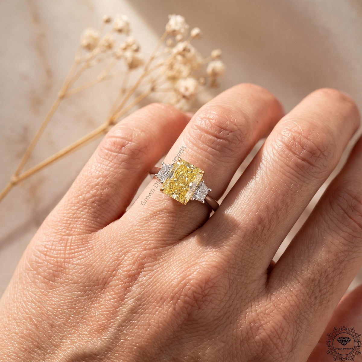 3ct Yellow Radiant Lab Grown Diamond Three Stone Engagement Ring