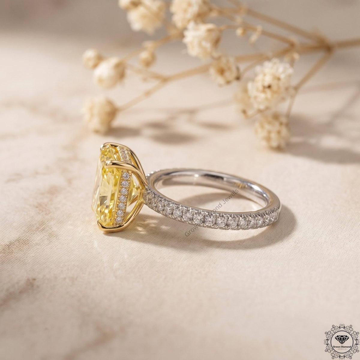 3ct Radiant Intense Yellow Lab Grown Diamond Hidden Halo Ring