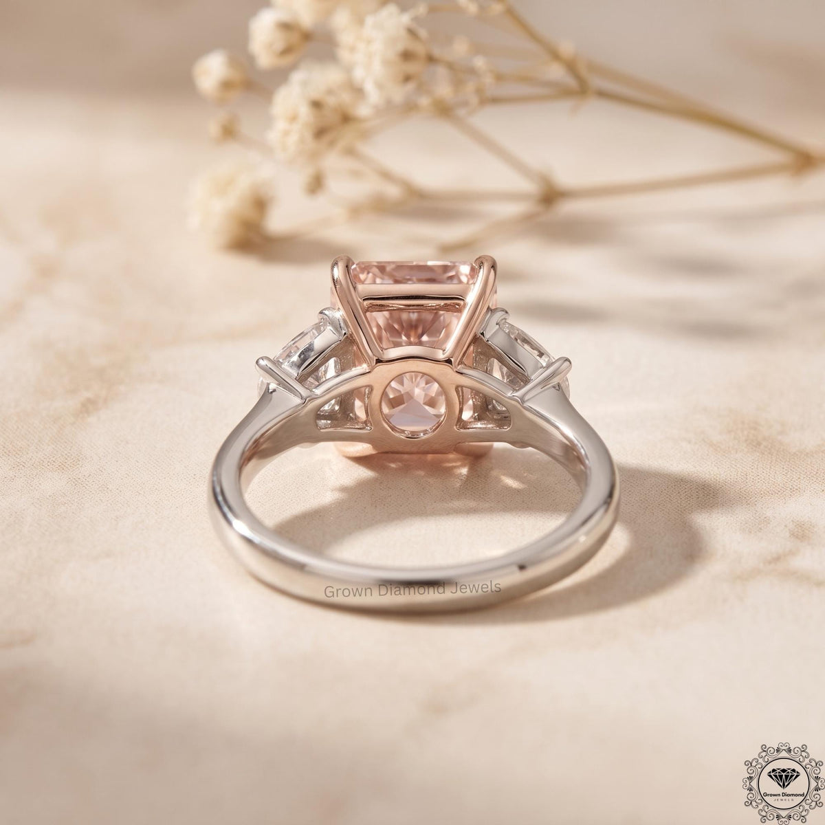 3.6 CT Radiant Fancy Pink Lab Grown Diamond Three Stone Ring