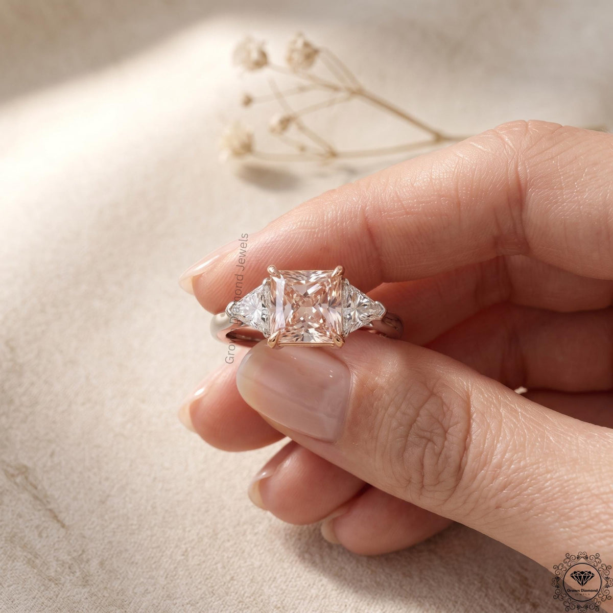 3.6 CT Radiant Fancy Pink Lab Grown Diamond Three Stone Ring