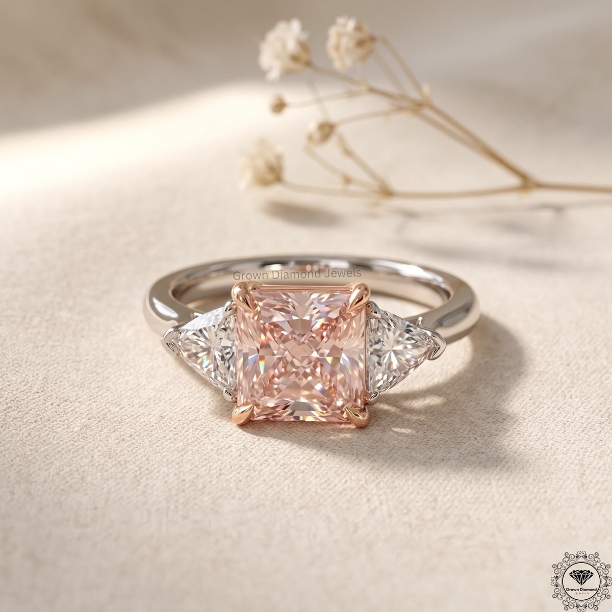 3.6 CT Radiant Fancy Pink Lab Grown Diamond Three Stone Ring