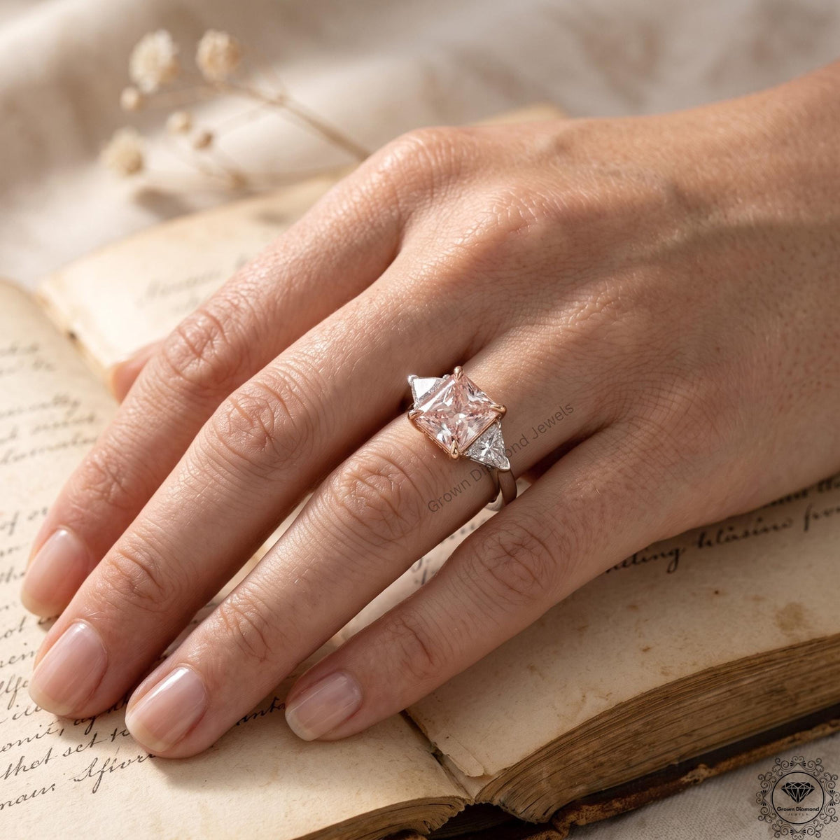 3.6 CT Radiant Fancy Pink Lab Grown Diamond Three Stone Ring