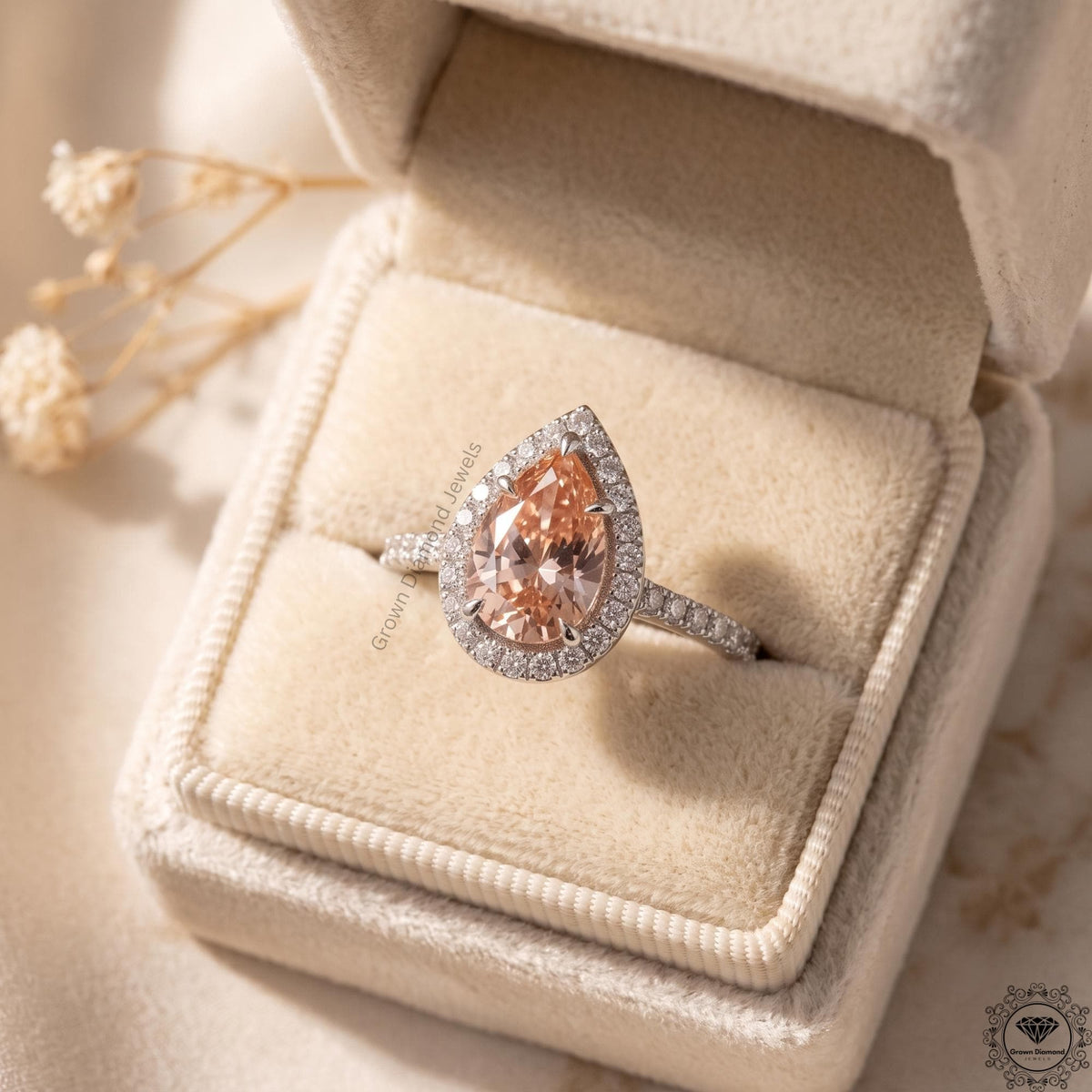 Pear Pink Lab Grown Diamond Halo Engagement Ring Gift Her