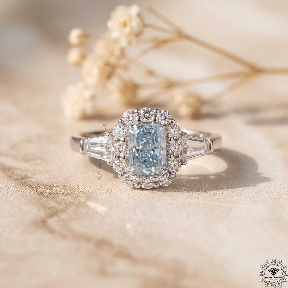 2Ct Intense Blue Radiant Lab Grown Diamond Engagement Ring