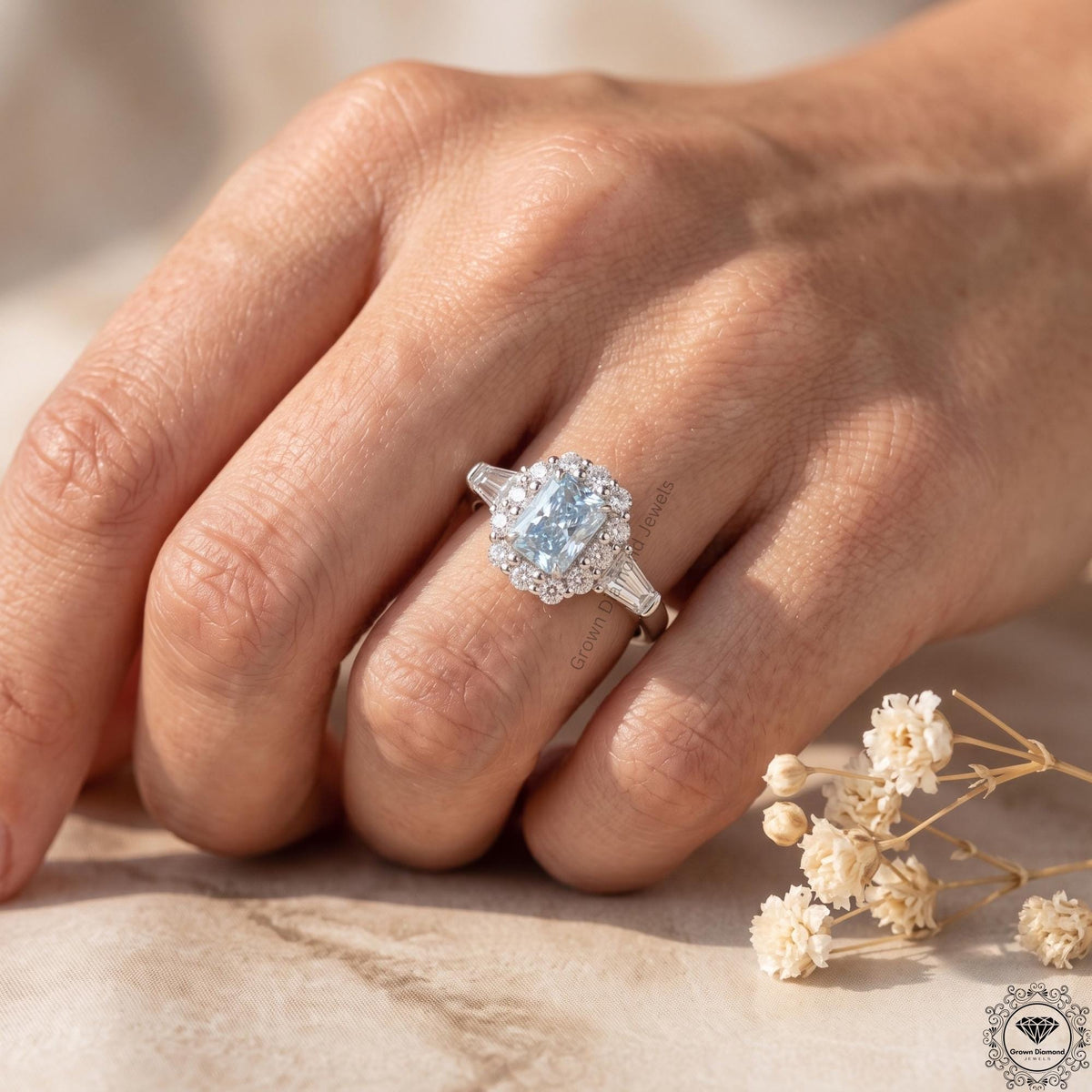 2Ct Intense Blue Radiant Lab Grown Diamond Engagement Ring