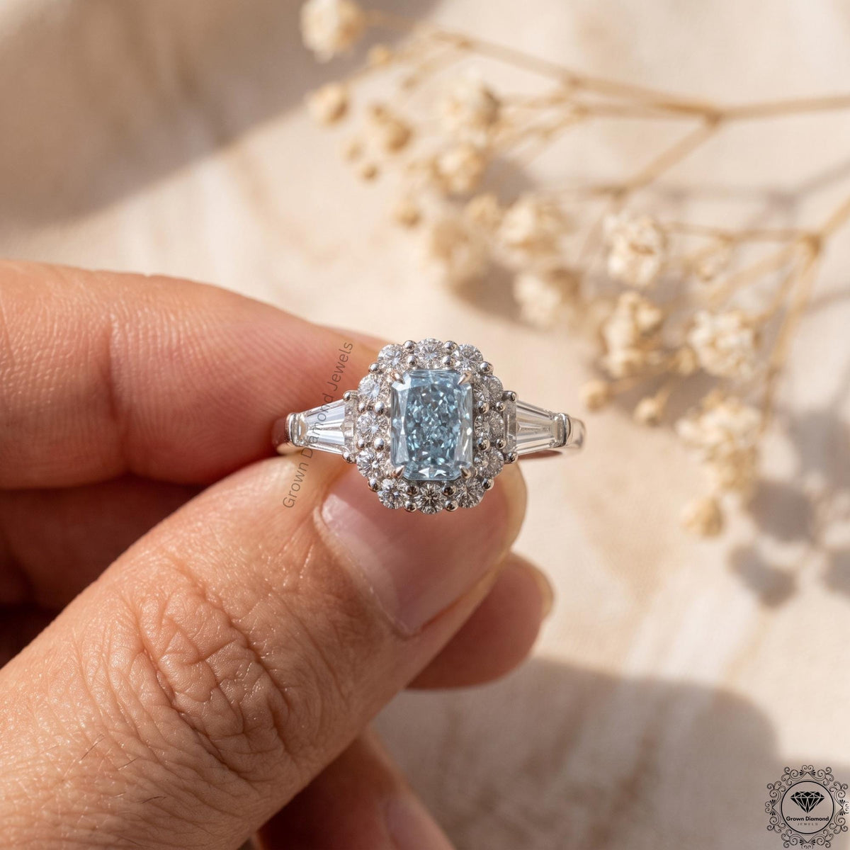 2Ct Intense Blue Radiant Lab Grown Diamond Engagement Ring